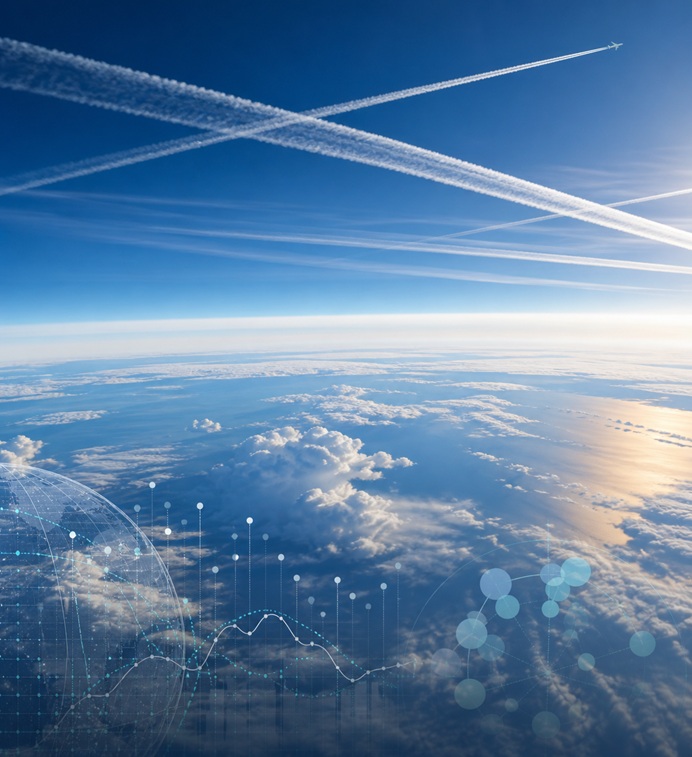 Photo of Aircraft contrails crossing a blue sky above cloud layers